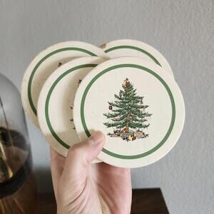 SPODE Christmas Tree Round Corkback Ceramic Coasters  Set Of 4 Vintage